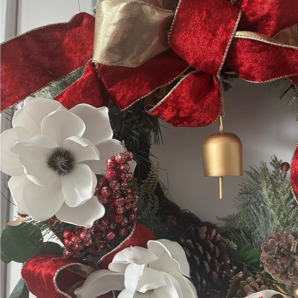 Magnolia Wreath StunningHandmade Red White Gold Accents Custom Holiday Wreath FS
